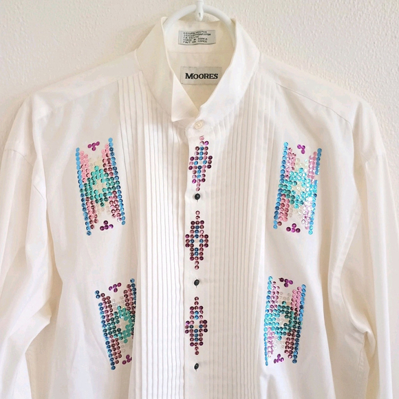 Vintage Moores Sequin Pleated Front White Dress Shirt Banded Collar Sz 15 32/33 - Picture 2 of 16